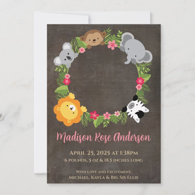 Floral Jungle Safari Wreath Baby Girl Announcement (Front)