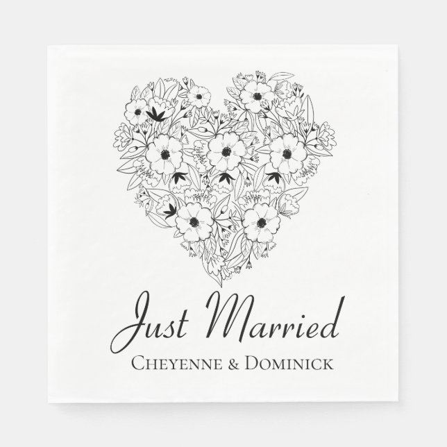 Floral Just Married Anemone Black Heart Flowers Napkins (Front)