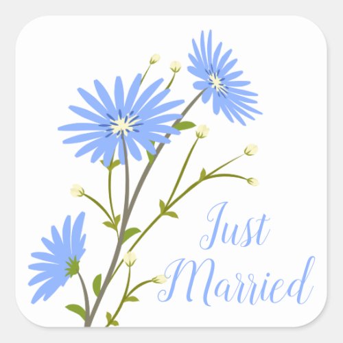 Floral Just Married Daisy Flowers Blue Wedding Square Sticker