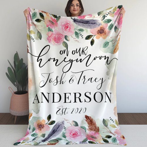 Floral Just Married Mr and Mrs Honeymoon custom Fleece Blanket