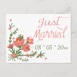 Floral Just Married Pink And Green Flowers Wedding Announcement Postcard