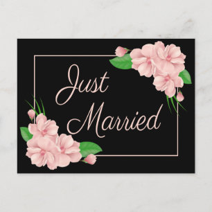Floral Just Married Pink & Black Flower Wedding Announcement Postcard
