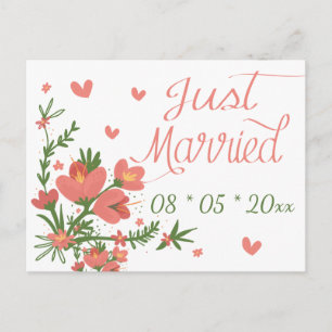 Floral Just Married Pink Coral Flowers Wedding Announcement Postcard