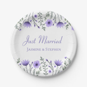 Floral Just Married Purple Flowers Wedding Paper Plates