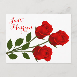 Floral Just Married Red Rose Wedding Announcement Postcard