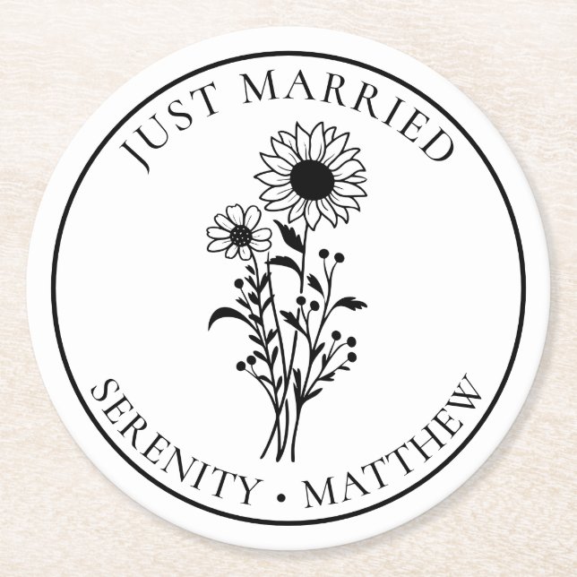 Floral Just Married Sunflower Black White Wedding  Round Paper Coaster (Front)