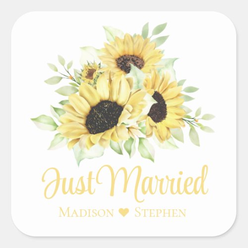Floral Just Married Sunflower Wedding Announcement Square Sticker