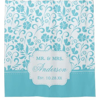 Floral Just Married Wedding Date Chic Cyan Blue Shower Curtain by ShowerCurtain101 at Zazzle