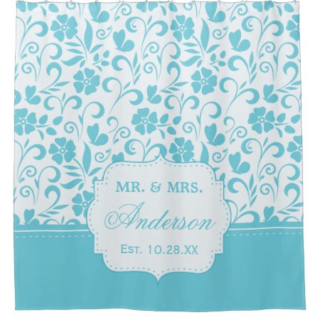Floral Just Married Wedding Date Chic Cyan Blue Shower Curtain