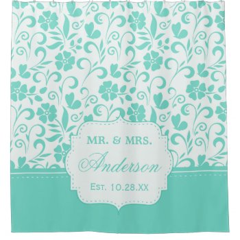 Floral Just Married Wedding Date Pastel Mint Green Shower Curtain by ShowerCurtain101 at Zazzle