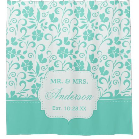 Floral Just Married Wedding Date Pastel Mint Green Shower Curtain