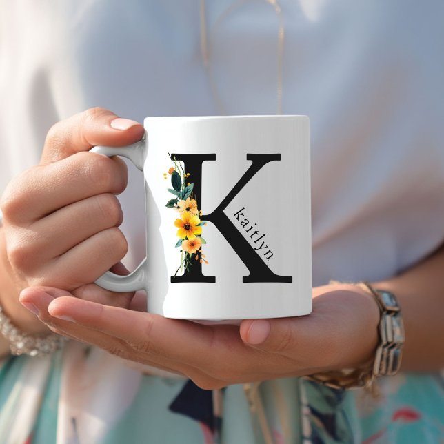 Floral K Monogram Mug with Editable Name (Floral K Monogram Mug with Editable Name. Yellow, Orange & Greenery Watercolor Flowers.)