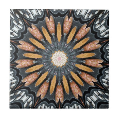 Floral Kaleidoscope Art Mosaic Orange Black White Ceramic Tile