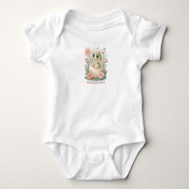 Floral kawaii baby alligator hatching Eggs -Girl Baby Bodysuit (Front)