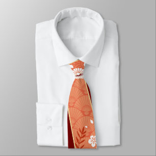 Floral Kimono Pattern Coral Neck Tie
