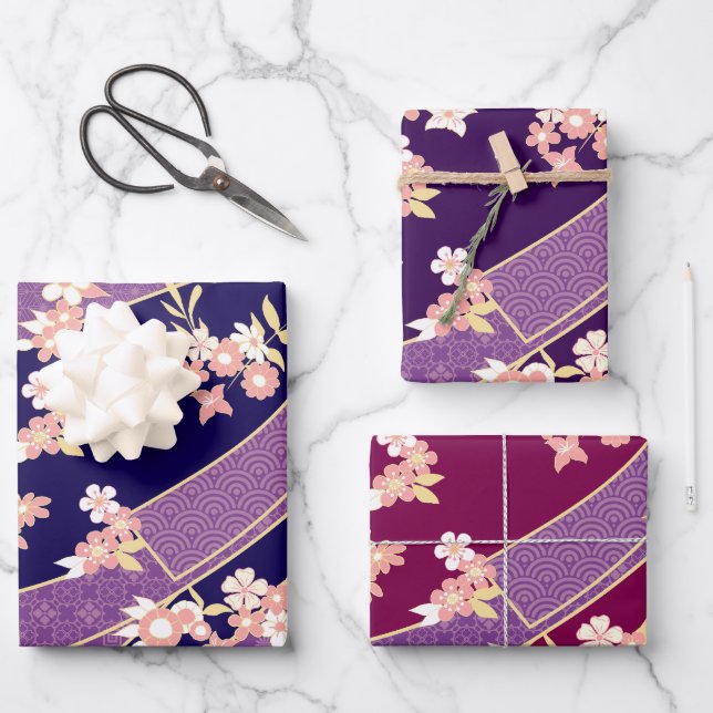 Floral Kimono Pattern Violet Wrapping Paper Sheets (Front)