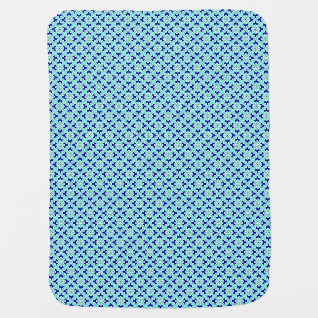Floral kimono print, cobalt and aqua stroller blanket (Front)