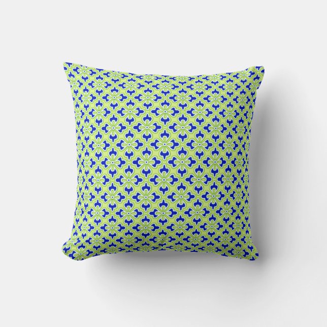 Floral kimono print, cobalt blue and lime green throw pillow (Front)