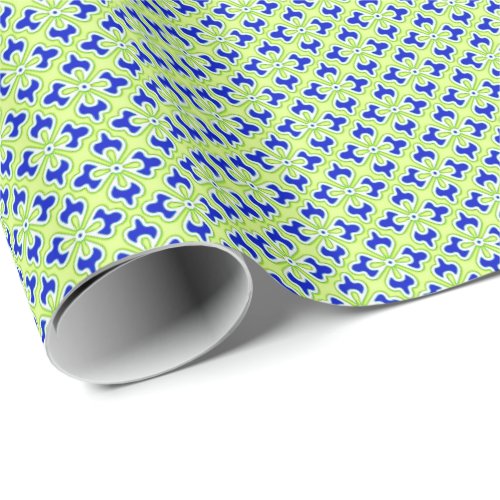 Floral kimono print cobalt blue and lime green wrapping paper