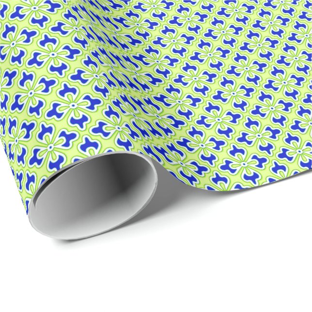 Floral kimono print, cobalt blue and lime green wrapping paper (Roll Corner)