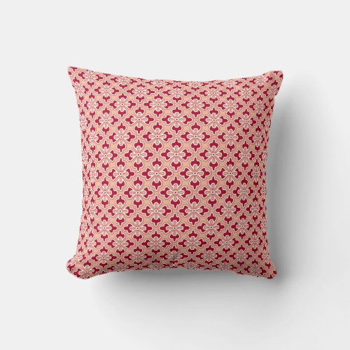 Floral kimono print coral pink and burgundy throw pillow