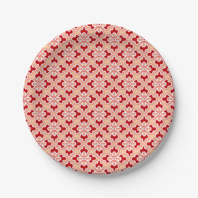 Floral kimono print, dark red and peach paper plates (Front)