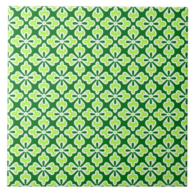Floral kimono print, lime and pine green ceramic tile (Front)