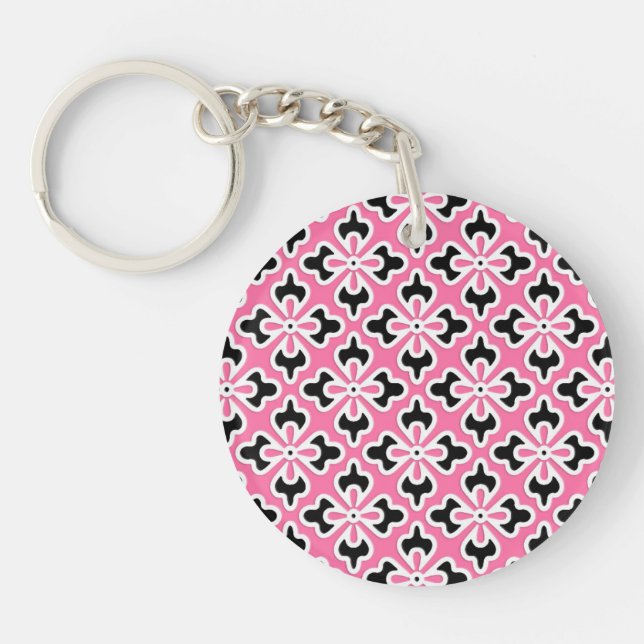 Floral kimono print, pink, black and white keychain (Front)