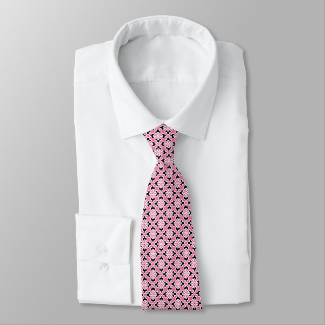 Floral kimono print, pink, black and white neck tie (Tied)