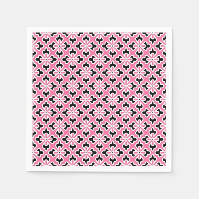 Floral kimono print, pink, black and white paper napkins (Front)