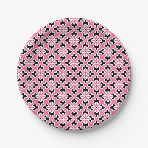 Floral kimono print pink black and white paper plates