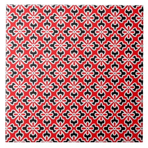 Floral kimono print red black and white ceramic tile