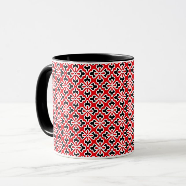 Floral kimono print, red, black and white mug (Front Left)