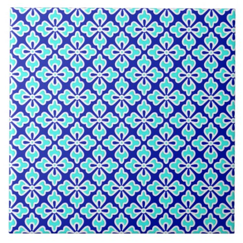 Floral kimono print turquoise and cobalt blue ceramic tile
