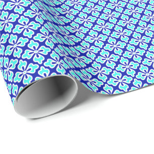 Floral kimono print, turquoise and cobalt blue wrapping paper