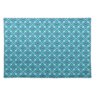 Floral kimono print, turquoise, navy and aqua cloth placemat