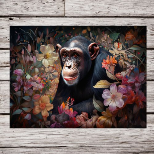 Floral Kingdom A Chimpanzee Amidst a Garden of Co Poster