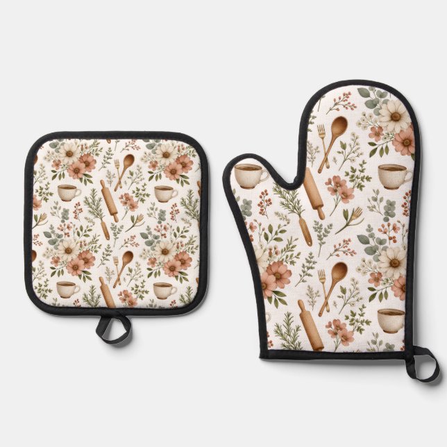 Floral Kitchen Pot Holder and Oven Mitt Set (Front)