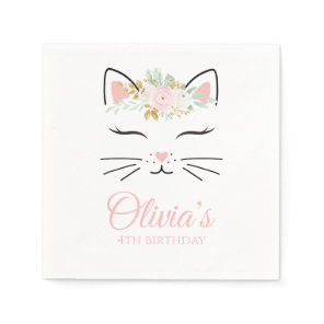 Floral Kitten Birthday party napkins pink