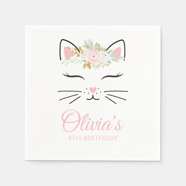 Floral Kitten Birthday party napkins pink (Front)