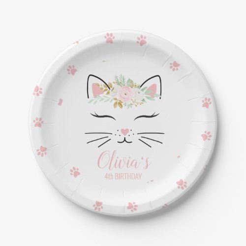 Floral Kitten Birthday Party Plates kitty face