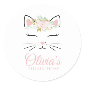 Floral Kitten Birthday Party Stickers kitty face