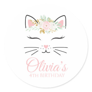 Floral Kitten Birthday Party Stickers kitty face
