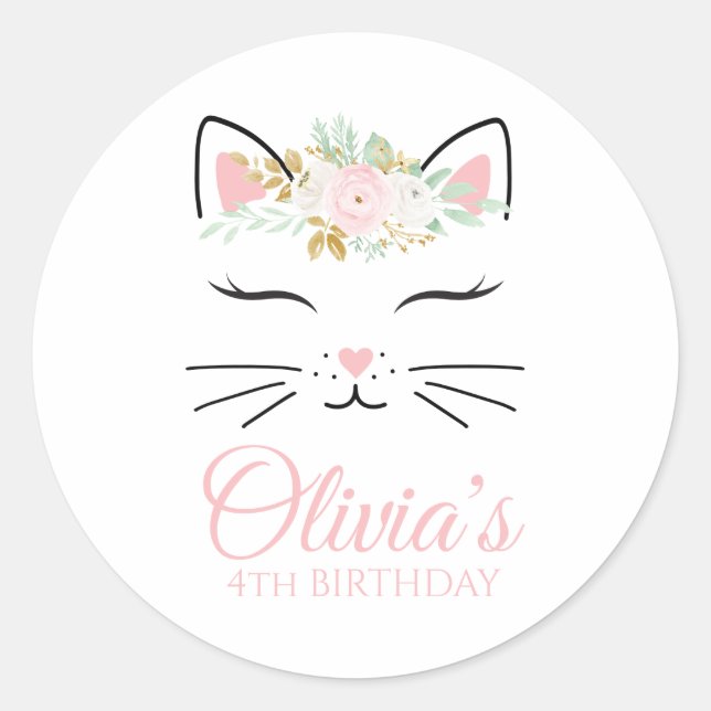 Floral Kitten Birthday Party Stickers kitty face (Front)