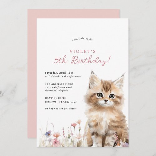 Floral Kitten Cute Cat Theme Girls Birthday Party Invitation