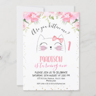 Floral Kitten Face Are Your kitten me Birthday Invitation