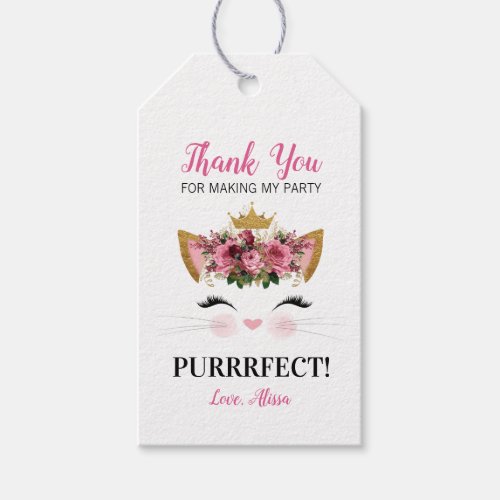 Floral Kitty Birthday Thank You Favor Tag  Black