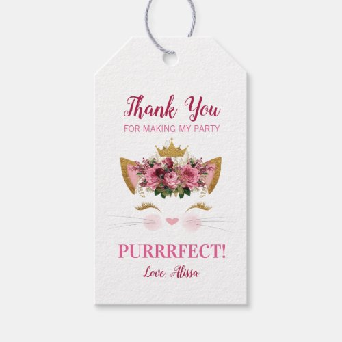 Floral Kitty Birthday Thank You Tag  Gold Crown