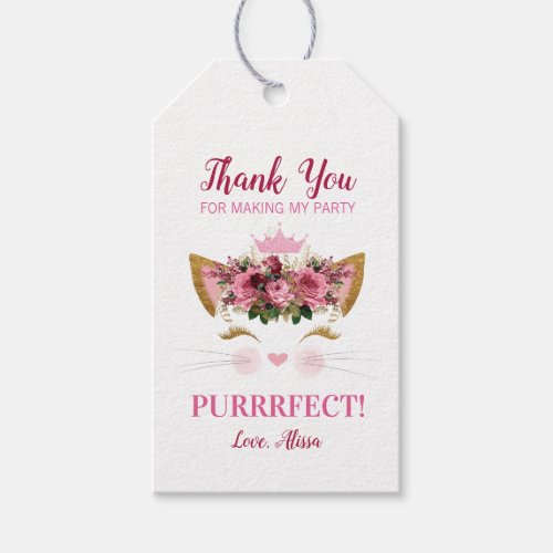 Floral Kitty Birthday Thank You Tag  Pink Crown