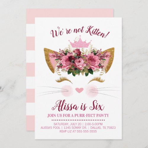 Floral Kitty Cat Birthday Invitation  Pink Crown